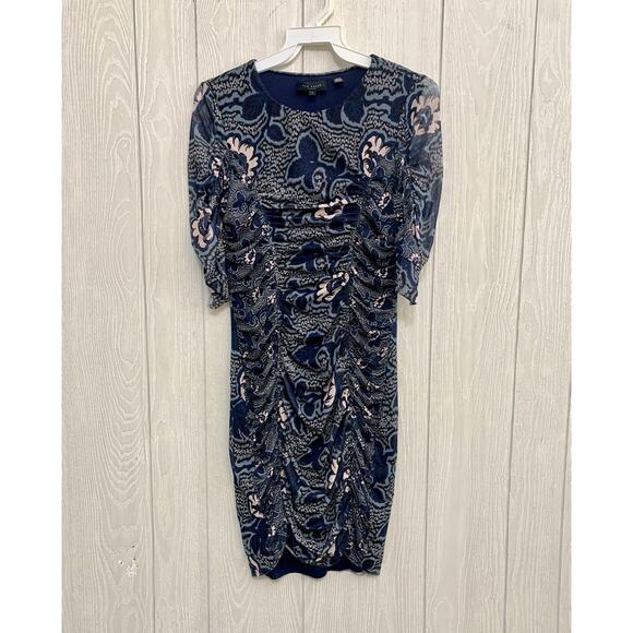 Ted Baker Velvit Blue Floral Sheer Sleeve Dress Size 1 (S/4) - Picture 3 of 7